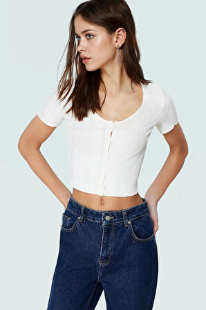 Rahat Örme Bluz Havuz Yaka Kısa Kol Crop Polyester Yazlık Seçkin Malzeme Dayanıklı