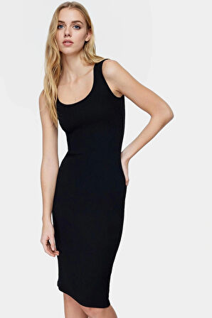 Esnek Örme Kalem Elbise Havuz Yaka Midi Boy Yazlık Şık Profesyonel Görünüm Konforlu Kesim