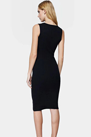 Esnek Örme Kalem Elbise Havuz Yaka Midi Boy Yazlık Şık Profesyonel Görünüm Konforlu Kesim