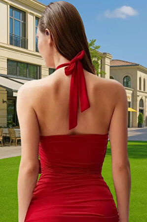 Vücudu Saran Kısa Örme Abiye Elbise Halter Yaka Tasarım Premium Kalite Modern Stil Rahat Kullanım