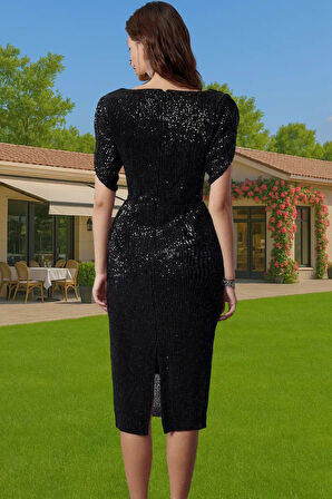 Şık Bodycon Abiye Elbise Payet İşlemeli Polyester Karışımlı Midi Boy Seçkin Malzeme