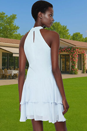 A Kesim Şifon Mini Abiye Elbise Halter Yaka Premium Kalite Kaliteli İşçilik Dayanıklı Malzeme