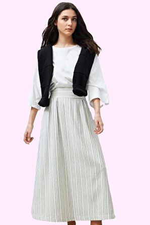 Kadın Yazlık Çizgili Keten Görünümlü Maxi Etek Günlük Şıklık Hafta Sonu Yaz Aylarının Vazgeçilmezi