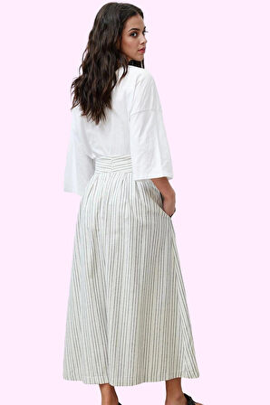 Kadın Yazlık Çizgili Keten Görünümlü Maxi Etek Günlük Şıklık Hafta Sonu Yaz Aylarının Vazgeçilmezi