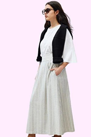 Kadın Yazlık Çizgili Keten Görünümlü Maxi Etek Günlük Şıklık Hafta Sonu Yaz Aylarının Vazgeçilmezi