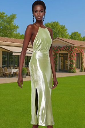 Bodycon Halter Midi Elbise Metalik Örme Polyester Yazlık Modern Stil Mükemmel Uyum Şık Görünüm