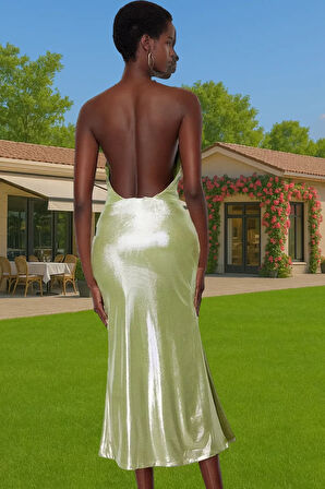 Bodycon Halter Midi Elbise Metalik Örme Polyester Yazlık Modern Stil Mükemmel Uyum Şık Görünüm