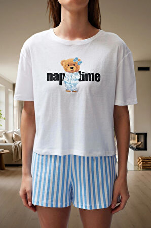 Ayıcıklı Çizgili %100 Pamuklu Pijama Takımı Rahat ve Şık Yaz Uykusu Mükemmel Uyum Dayanıklı Malzeme