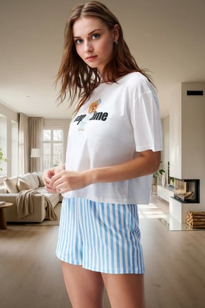 Ayıcıklı Çizgili %100 Pamuklu Pijama Takımı Rahat ve Şık Yaz Uykusu Mükemmel Uyum Dayanıklı Malzeme
