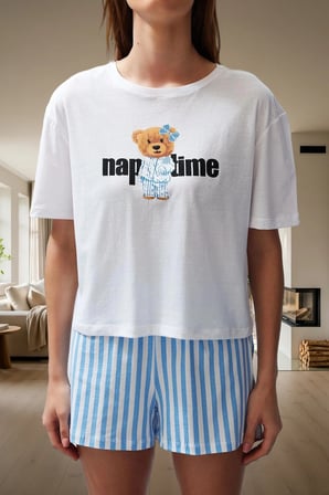 Ayıcıklı Çizgili %100 Pamuklu Pijama Takımı Rahat ve Şık Yaz Uykusu Mükemmel Uyum Dayanıklı Malzeme
