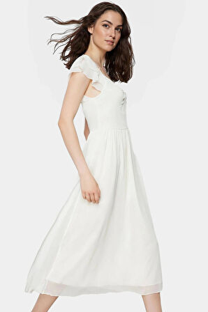 Astarlı Şifon Elbise Skater Midi Büzgülü Kol Dokuma Kumaş Günlük Kullanım İçin