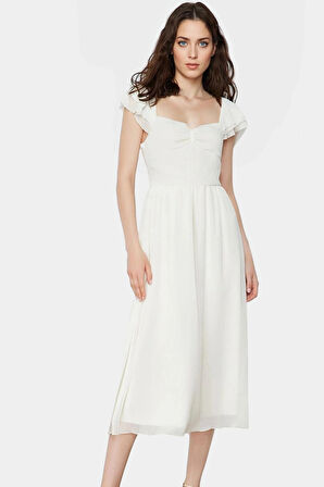 Astarlı Şifon Elbise Skater Midi Büzgülü Kol Dokuma Kumaş Günlük Kullanım İçin