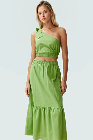 Dokuma Pamuklu Kadın Yazlık Tek Omuz Bluz Etek Takımı Basic Kesim Rahat Kullanım Dayanıklı Malzeme