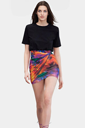 Pamuklu Mini Elbise Soyut Desenli Bodycon Kaliteli İşçilik Trend Tasarım Uzun Ömürlü