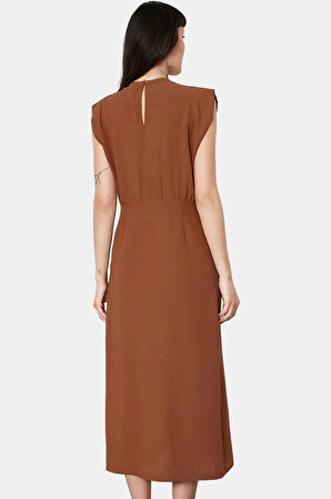 A line Bisiklet Yaka Midi Elbise Aerobin Dokuma Polyester Yazlık ve Şık Rahat Yüksek Kalite