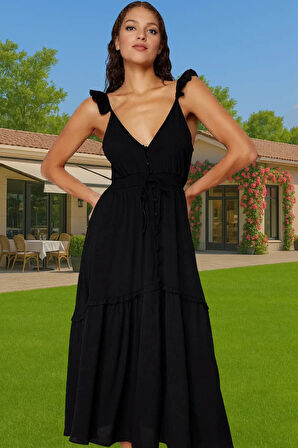 Yazlık Kadın Maxi Elbise V Yaka Kolsuz Dokuma Crinkle Yüksek Kalite Seçkin Malzeme Rahat Ve Şık