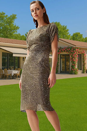 Şık Bodycon Abiye Elbise Payet İşlemeli Polyester Karışımlı Midi Boy Seçkin Malzeme