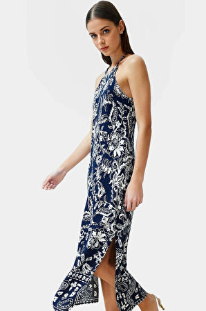 Rahat Viskoz Maxi Elbise Çiçek Desenli A Kesim Halter Yaka Yazlık Seçkin Malzeme