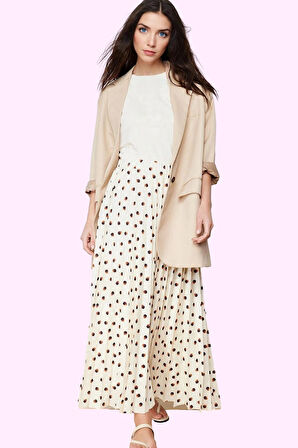 Kadın Puantiyeli Krep Dokuma Maxi Etek Kemer Detayı Günlük Hafta Sonu Yaz Aylarının Vazgeçilmezi