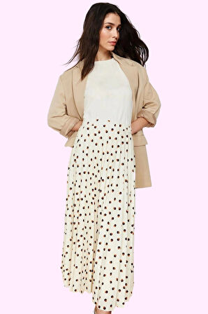 Kadın Puantiyeli Krep Dokuma Maxi Etek Kemer Detayı Günlük Hafta Sonu Yaz Aylarının Vazgeçilmezi