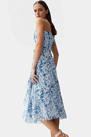 Yazlık Desenli A line Midi Elbise Şifon Kumaştan Kaliteli İşçilik Trend Tasarım