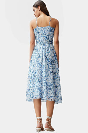 Yazlık Desenli A line Midi Elbise Şifon Kumaştan Kaliteli İşçilik Trend Tasarım