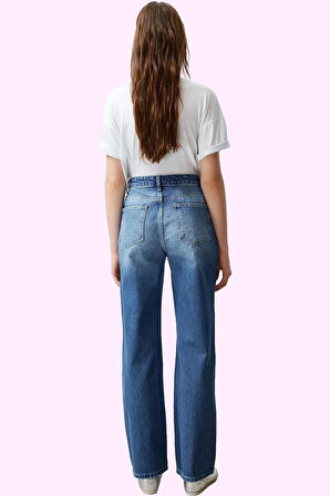 Kadın Pamuklu Yırtık Detaylı Regular Wide Leg Kot Pantolon Günlük Kullanım Kaliteli Malzeme