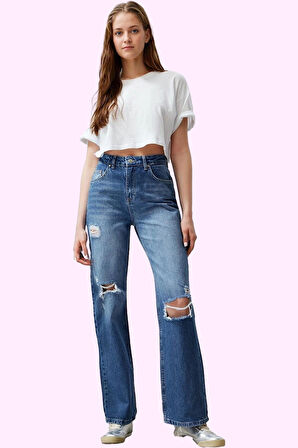 Kadın Pamuklu Yırtık Detaylı Regular Wide Leg Kot Pantolon Günlük Kullanım Kaliteli Malzeme