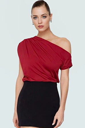 Asimetrik Yaka Kısa Kollu Bluz Esnek Örme Kumaş Zarifane Tasarım Uzun Ömürlü Rahat Ve Şık