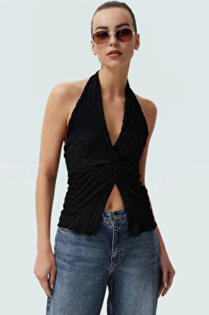 Yazlık Kolsuz Fitted Bluz Boyundan Bağlamalı Asimetrik Özel Tasarım Rahat Ve Şık