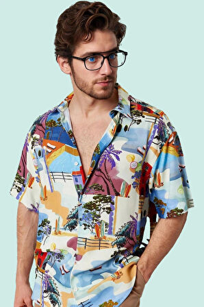 Erkek Viskoz Dokuma Baskılı Kısa Kollu Gömlek Rahat ve Şık Günlük Kombinler Modern Tasarım