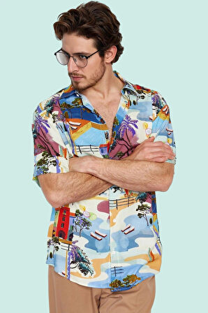 Erkek Viskoz Dokuma Baskılı Kısa Kollu Gömlek Rahat ve Şık Günlük Kombinler Modern Tasarım