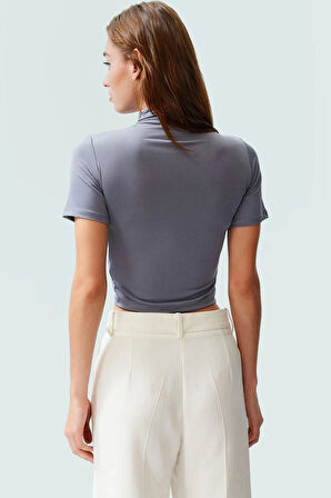 Şık Dik Yaka Crop Bluz Örme Kumaş Kruvaze Yazlık Modern Stil Rahat Ve Özel Tasarım