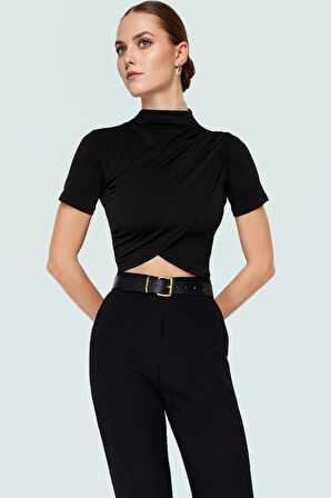 Şık Dik Yaka Crop Bluz Örme Kumaş Kruvaze Yazlık Modern Stil Rahat Ve Özel Tasarım