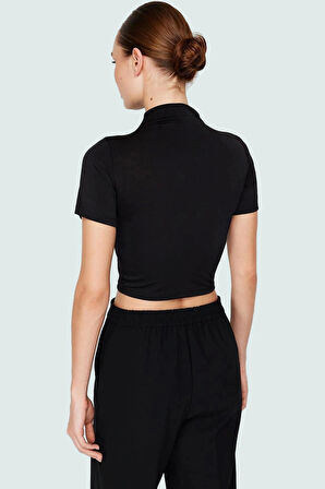 Şık Dik Yaka Crop Bluz Örme Kumaş Kruvaze Yazlık Modern Stil Rahat Ve Özel Tasarım