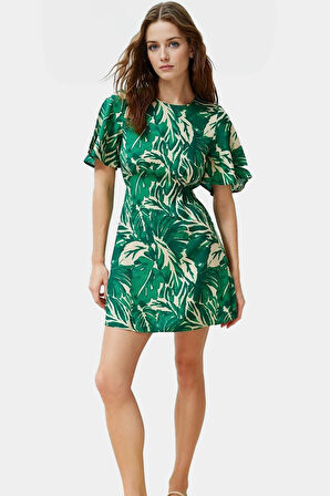 A Kesim Kısa Kollu Mini Elbise Tropikal Desenli Viskoz Kumaş Mükemmel Uyum Uzun Ömürlü