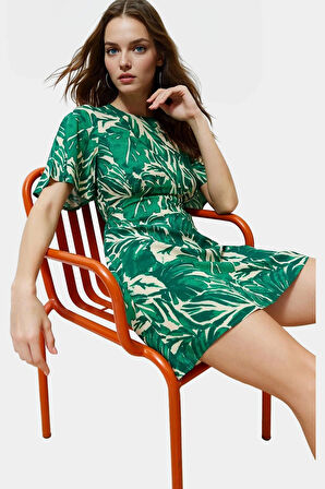 A Kesim Kısa Kollu Mini Elbise Tropikal Desenli Viskoz Kumaş Mükemmel Uyum Uzun Ömürlü