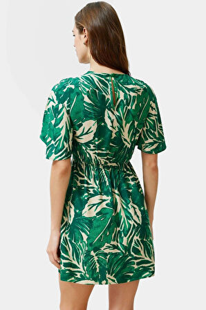 A Kesim Kısa Kollu Mini Elbise Tropikal Desenli Viskoz Kumaş Mükemmel Uyum Uzun Ömürlü