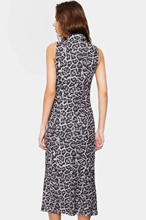 Yazlık Kolsuz Bodycon Kalem Elbise Dik Yaka Leopar Desenli Midi Boy Polyester Zarifane Tasarım