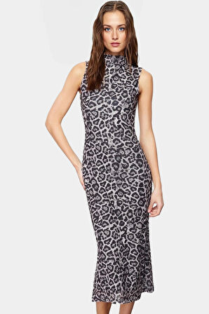 Yazlık Kolsuz Bodycon Kalem Elbise Dik Yaka Leopar Desenli Midi Boy Polyester Zarifane Tasarım