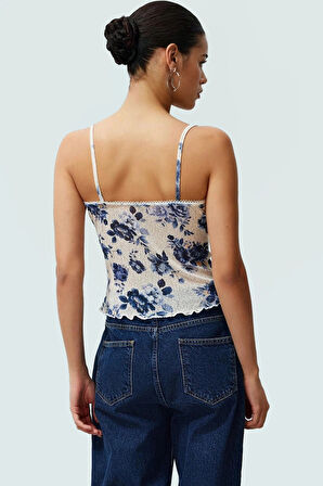 İnce Askılı Çiçekli Crop Bluz Rahat Şık ve Yazlık Polyester Örme Modern Stil Yüksek Kalite