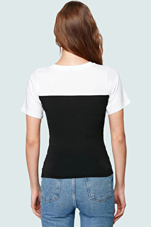 Pamuklu Örme Bluz Renk Bloklu Fitted Büzgü Detaylı Kemersiz Yazlık Özenle Seçilmiş