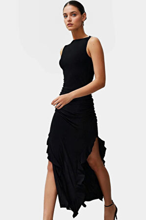 Bodycon Maxi Elbise Esnek Fırfırlı Kayık Yaka Yazlık Seçkin Malzeme Trend Tasarım