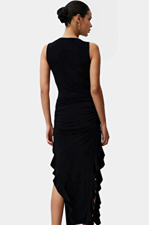 Bodycon Maxi Elbise Esnek Fırfırlı Kayık Yaka Yazlık Seçkin Malzeme Trend Tasarım