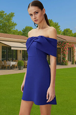 Kadın Yazlık Kısa Elbise Skater Kalıp Carmen Yaka Polyester Elastan Mini Elbise Konforlu Kesim