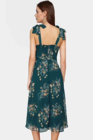 Çok Soyut Desenli A line Midi Şifon Elbise Profesyonel Görünüm Zarifane Tasarım