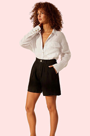 Kadın Keten Geniş Paça Kısa Şort Düz Desenli Yüksek Bel City Short Kalıp Rahat Günlük Hafta Sonu