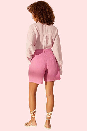 Kadın Keten Geniş Paça Kısa Şort Düz Desenli Yüksek Bel City Short Kalıp Rahat Günlük Hafta Sonu