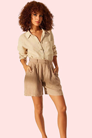 Kadın Keten Geniş Paça Kısa Şort Düz Desenli Yüksek Bel City Short Kalıp Rahat Günlük Hafta Sonu