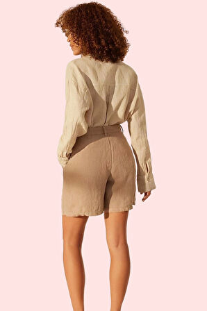 Kadın Keten Geniş Paça Kısa Şort Düz Desenli Yüksek Bel City Short Kalıp Rahat Günlük Hafta Sonu